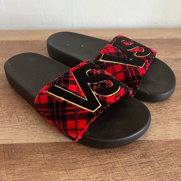 Victoria's Secret Shoes - Victoria's Secret Sport Velvet Slide Red Black Plaid Sandals Size Medium